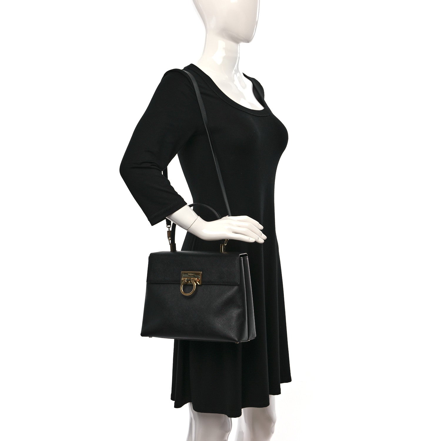 Salvatore Ferragamo Hammered Calfskin Iconic Large Top Handle Bag Black 2 of 8