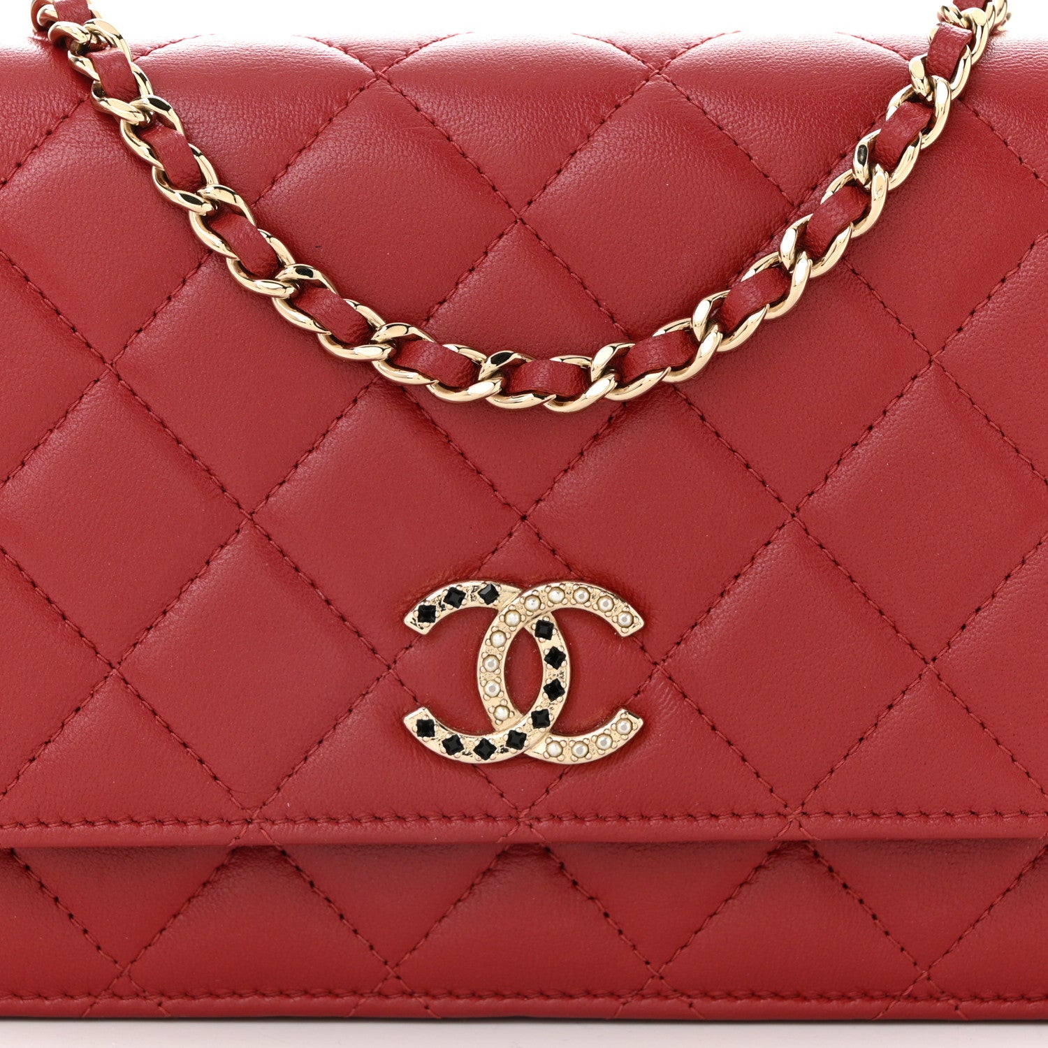 Chanel Lambskin Quilted Crystal Pearl CC Wallet On Chain WOC Burgundy 9 of 11