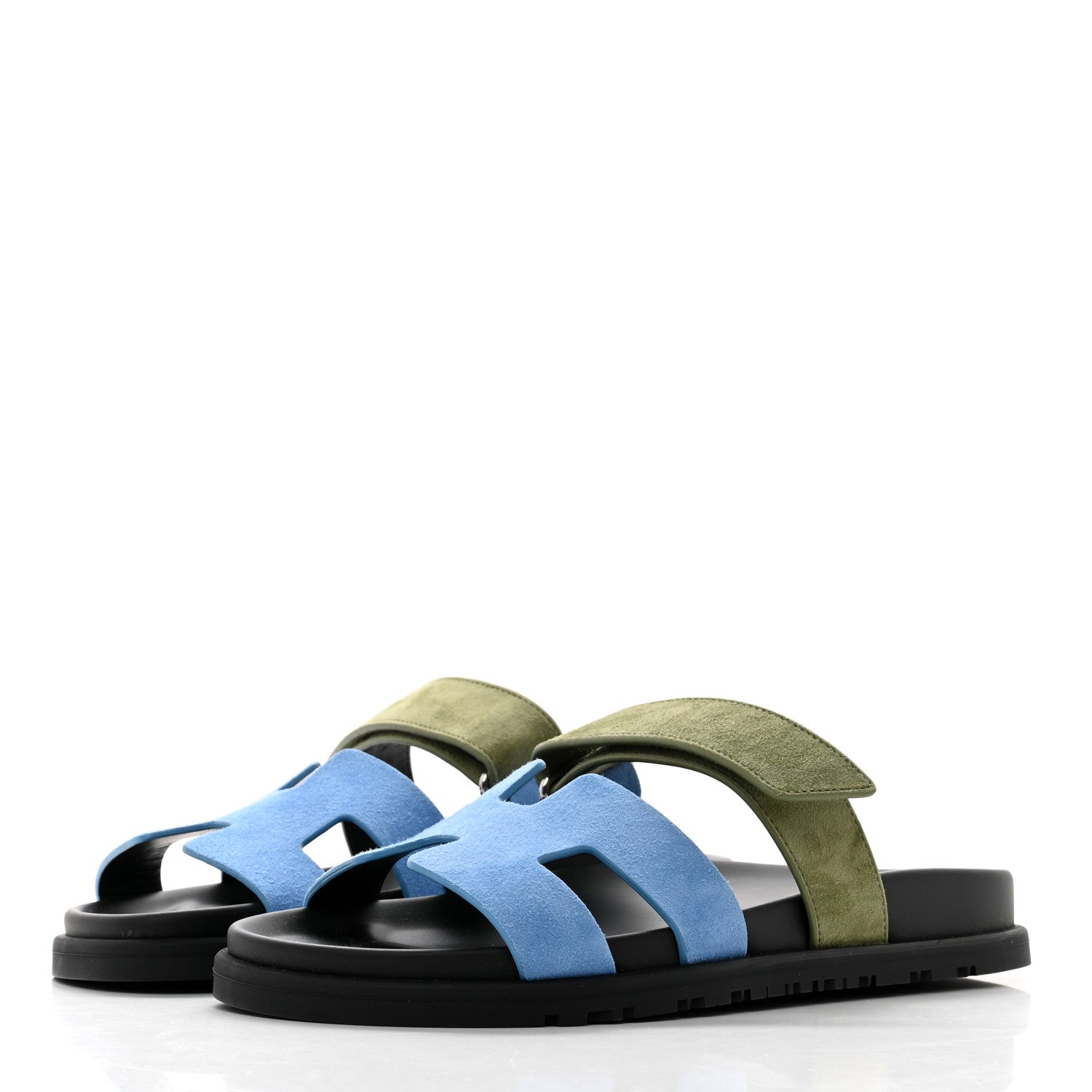 Hermes Suede Goatskin Womens Chypre Sandals 37 Bleu Cameo Vert 3 of 9