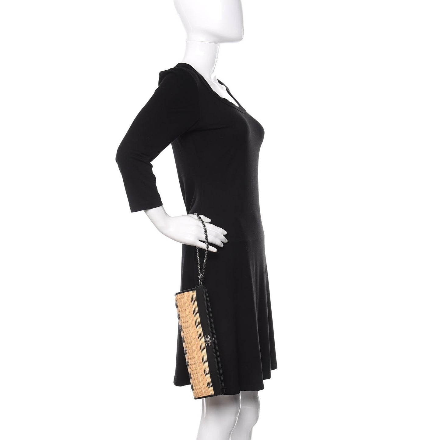 Rattan Calfskin CC Chain Wristlet Clutch Black Beige