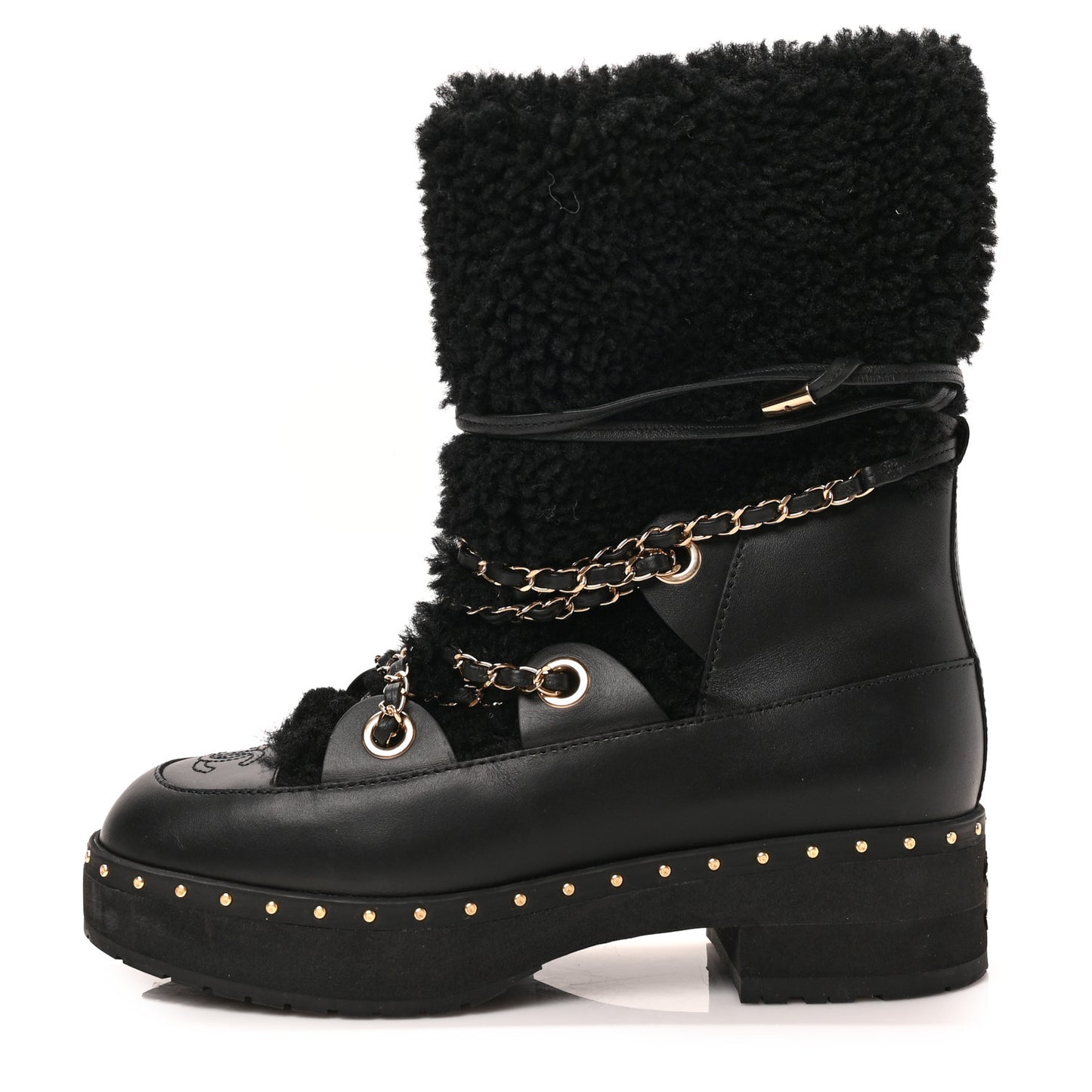 Calfskin Shearling Lambskin CC Cap Toe Chain Snow Boots 38 Black