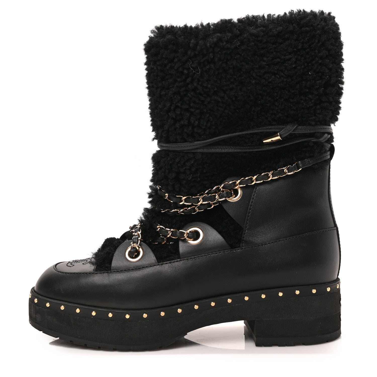 Chanel Calfskin Shearling Lambskin CC Cap Toe Chain Snow Boots 38 Black 1 of 7