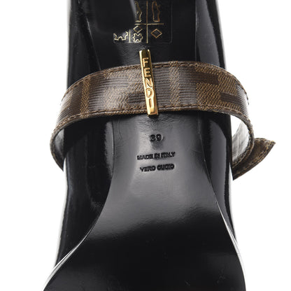 Fendi Glossy Neoprene Glazed Fabric FF FFrame Court Mary Jane Pumps 39 Black Tobacco Moro 8 of 8