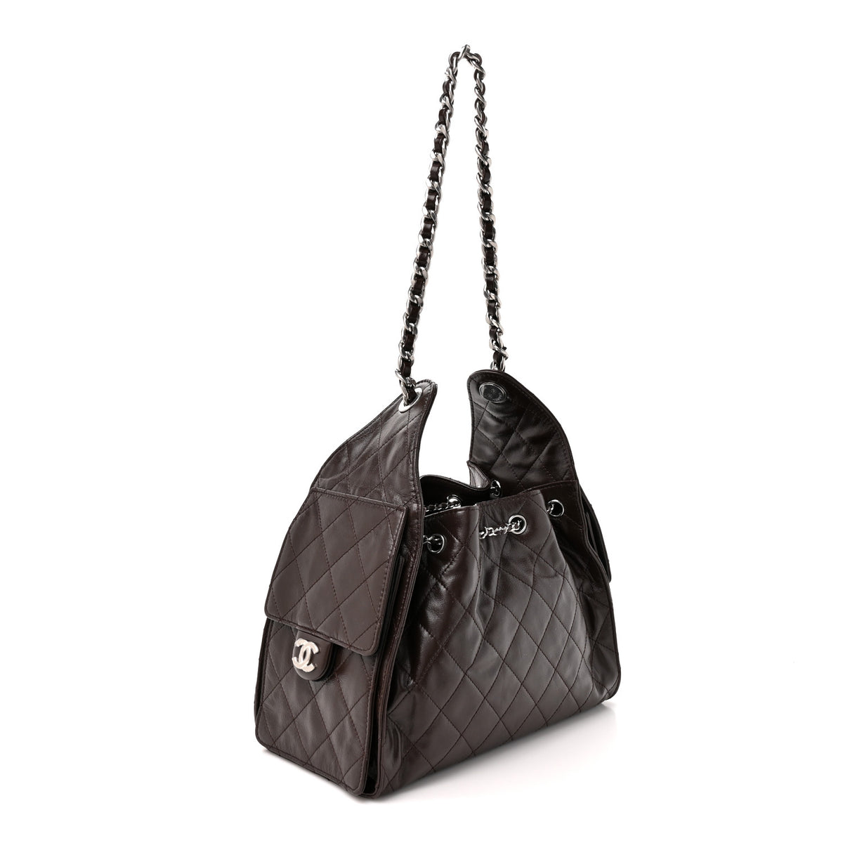 Shiny Crumpled Calfskin Quilted Small Chanel 25 Handbag Dark Brown