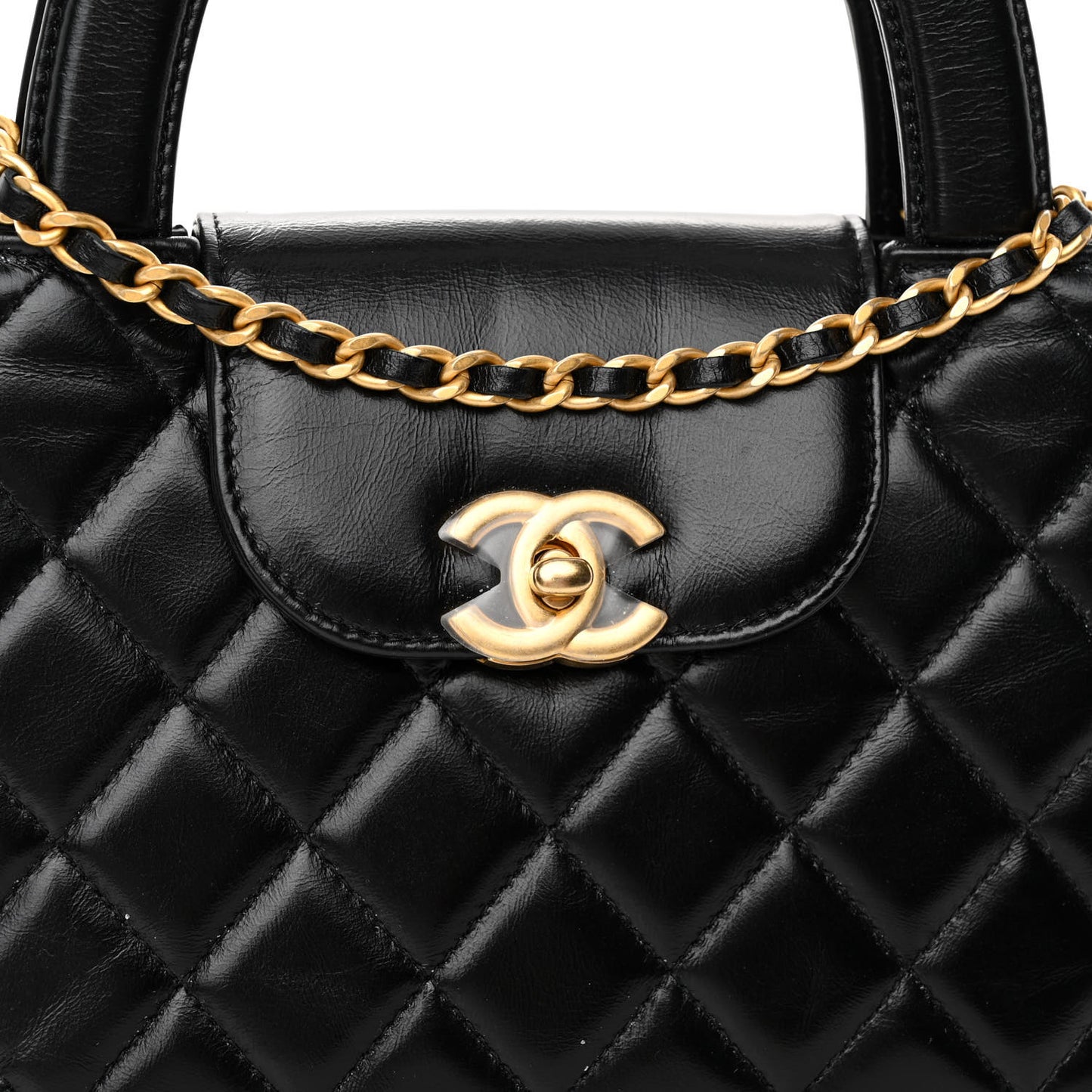 Shiny Aged Calfskin Quilted Nano Kelly Shopper Black