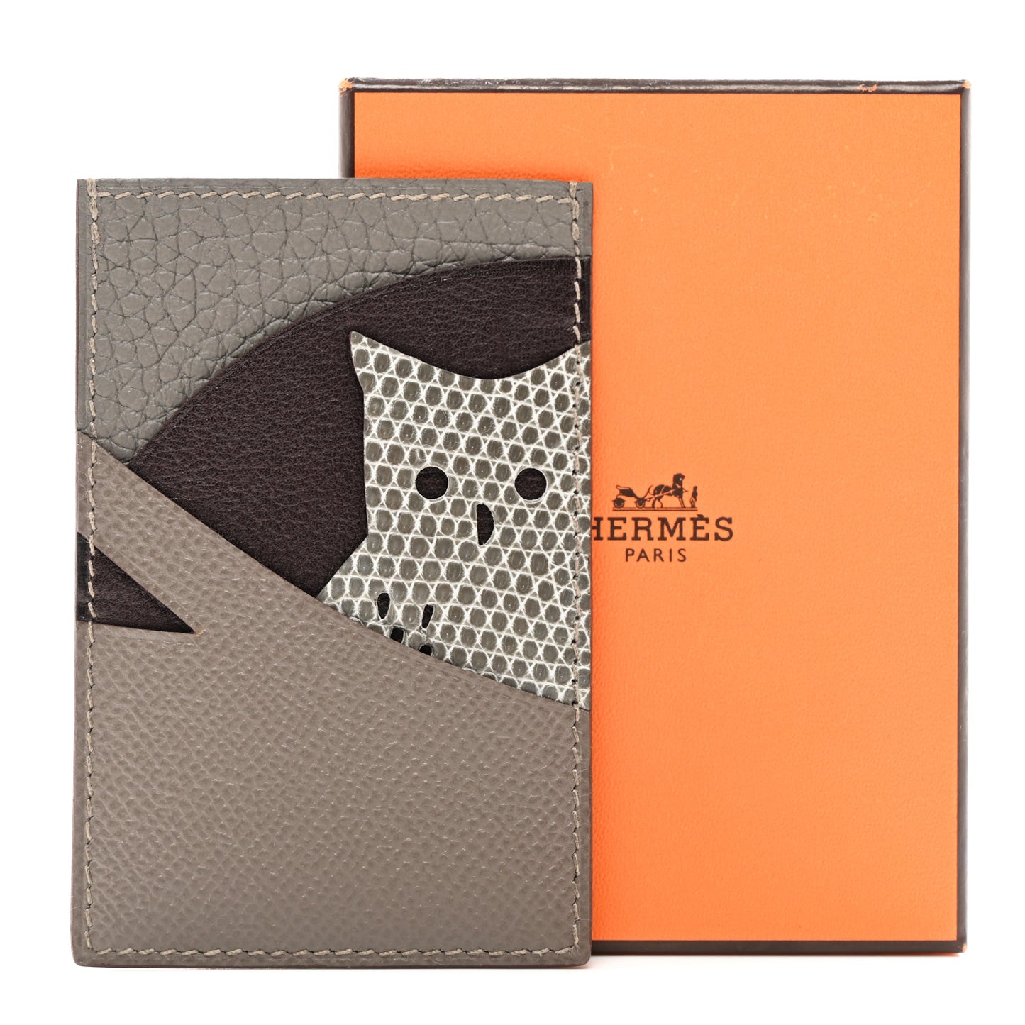 Epsom Evercolor Lizard Taurillon Clemence Petit Owl Card Holder Gris Asphalt Ficelle Black