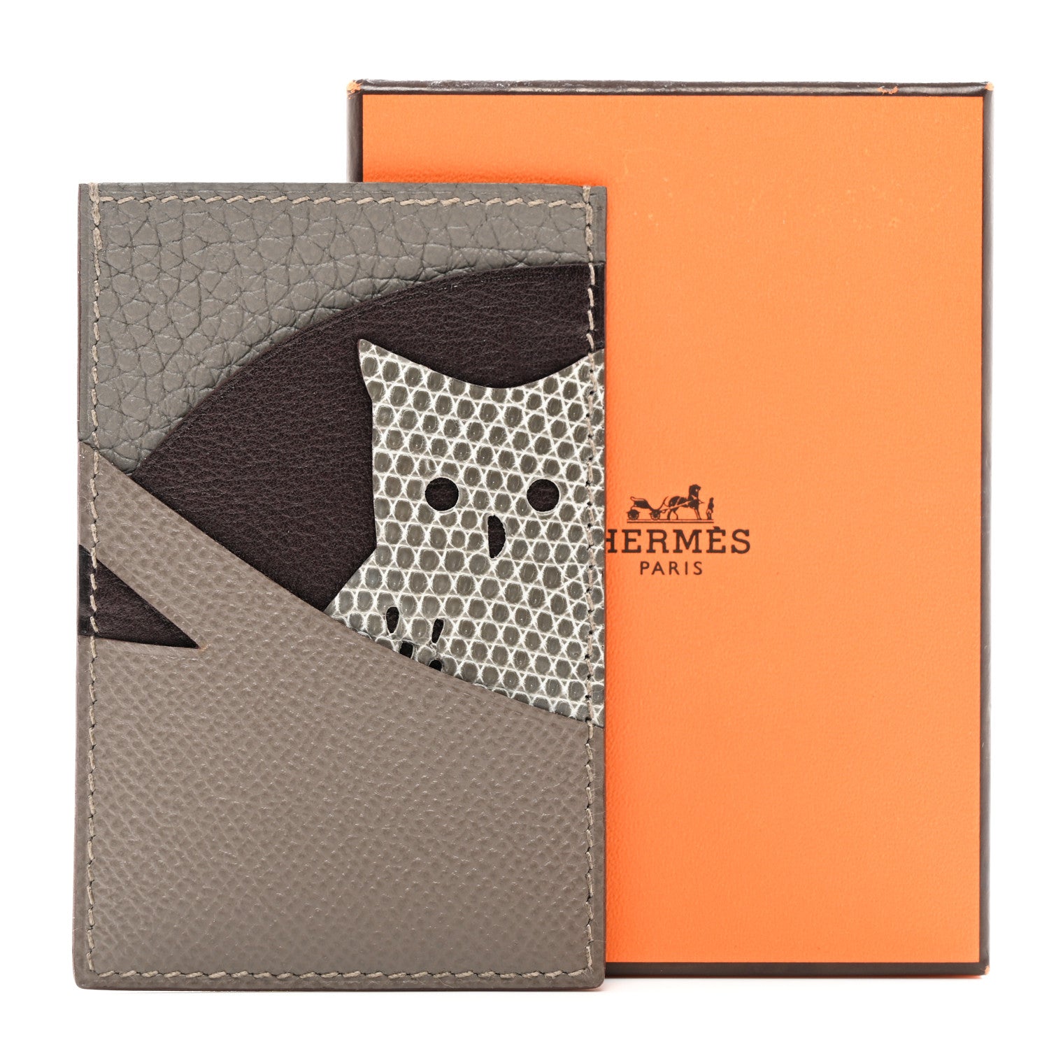 Hermes Epsom Evercolor Lizard Taurillon Clemence Petit Owl Card Holder Gris Asphalt Ficelle Black 7 of 7