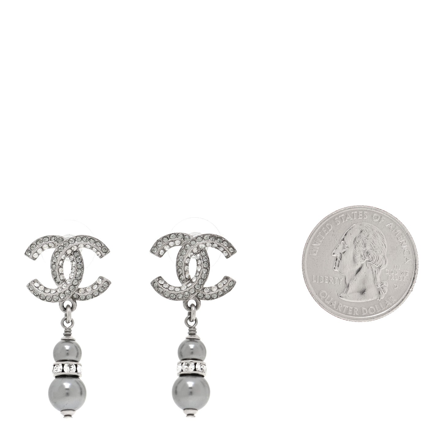 Crystal Pearl CC Drop Earrings Silver