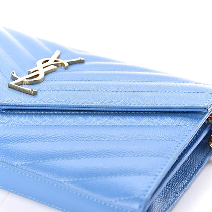 Saint Laurent Grain De Poudre Matelasse Chevron Monogram Chain Wallet Blue Clair 10 of 13