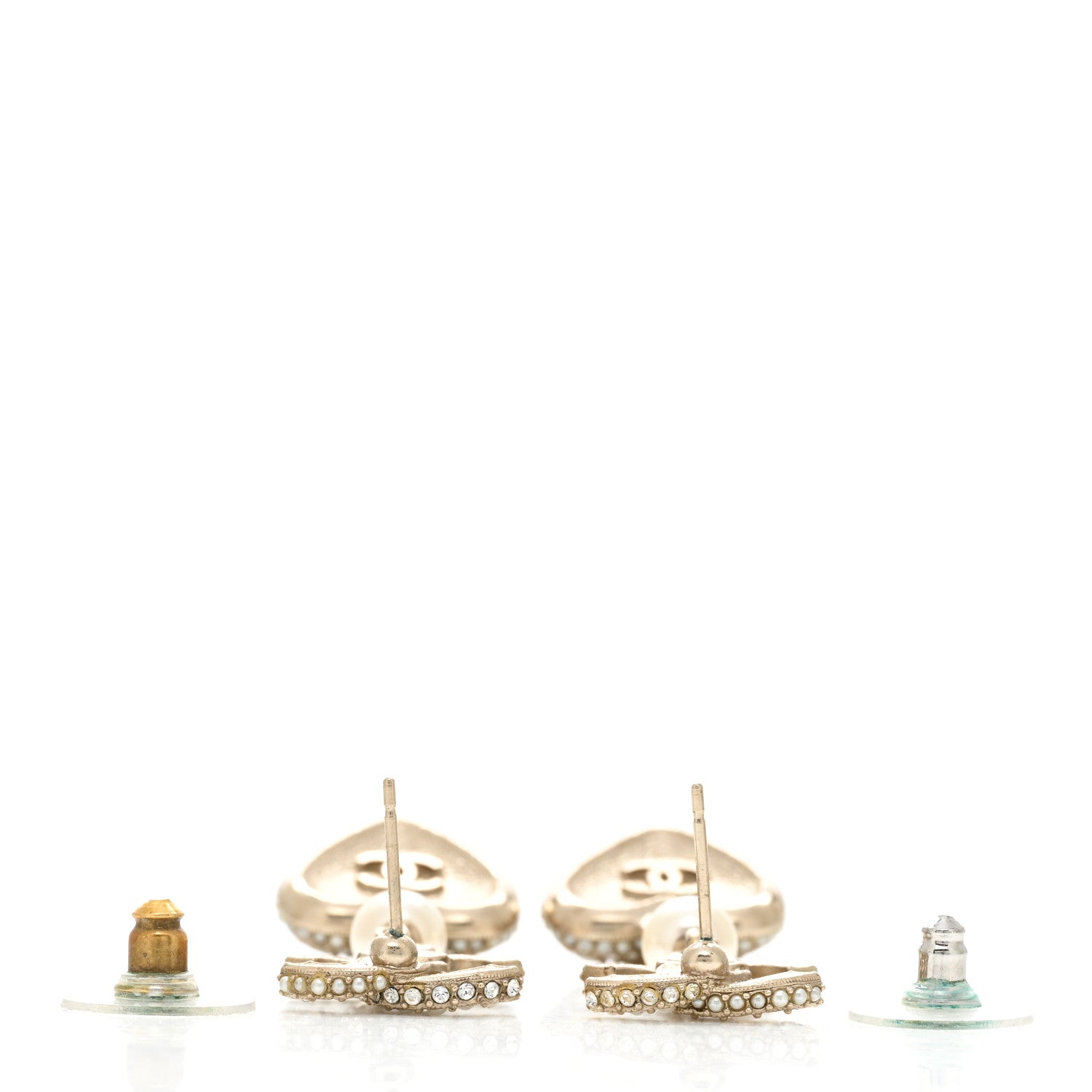 Chanel Pearl Crystal CC Heart Drop Earrings Gold White 3 of 5