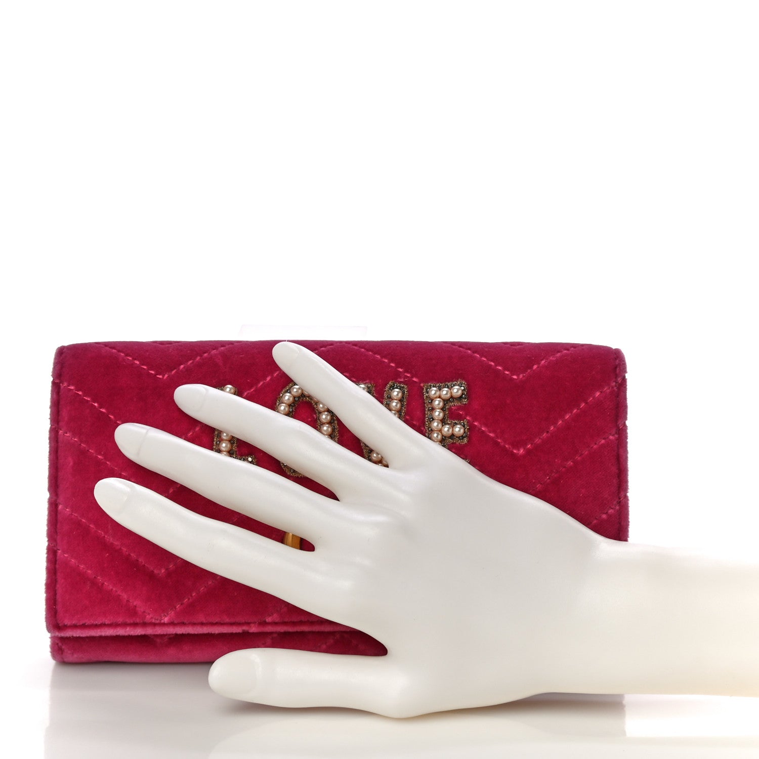 Gucci Velvet Matelasse Pearl Love Embroidered GG Marmont Wallet Light Raspberry Rose 2 of 12