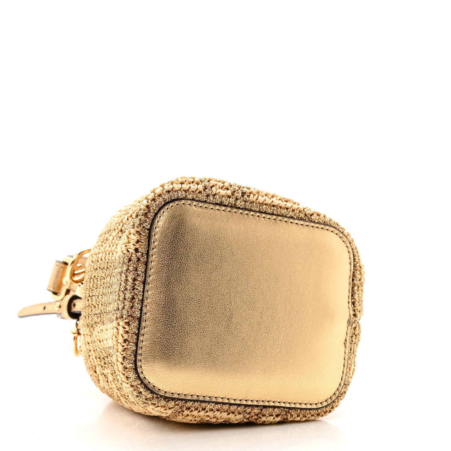 Raffia Lurex Vitello Laminato F is Fendi FF Crochet Mini Mon Tresor Bucket Bag Natural Oro