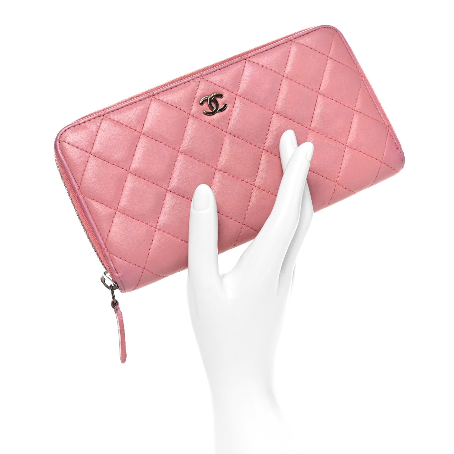 Lambskin Quilted Large Gusset Zip Around Wallet Pink