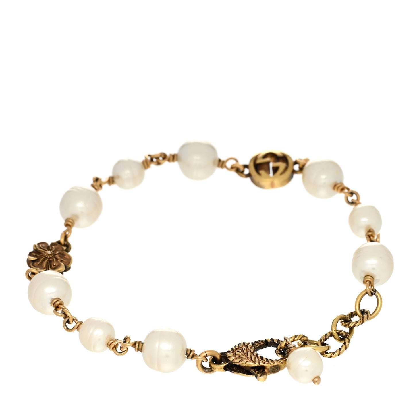 Interlocking G Flower Pearl Bracelet Gold