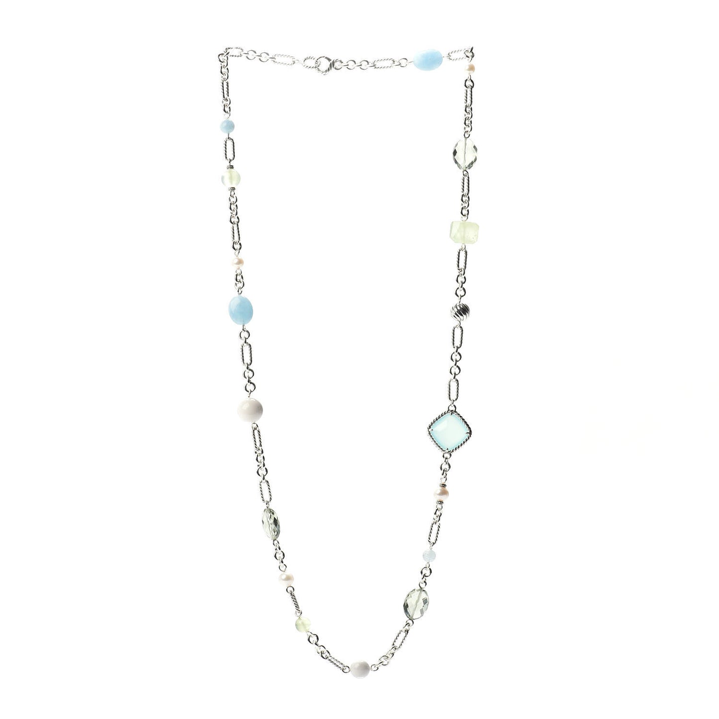 Sterling Silver Agate Pearl Green Tourmaline Chalcedony Prasiolite Figaro Necklace