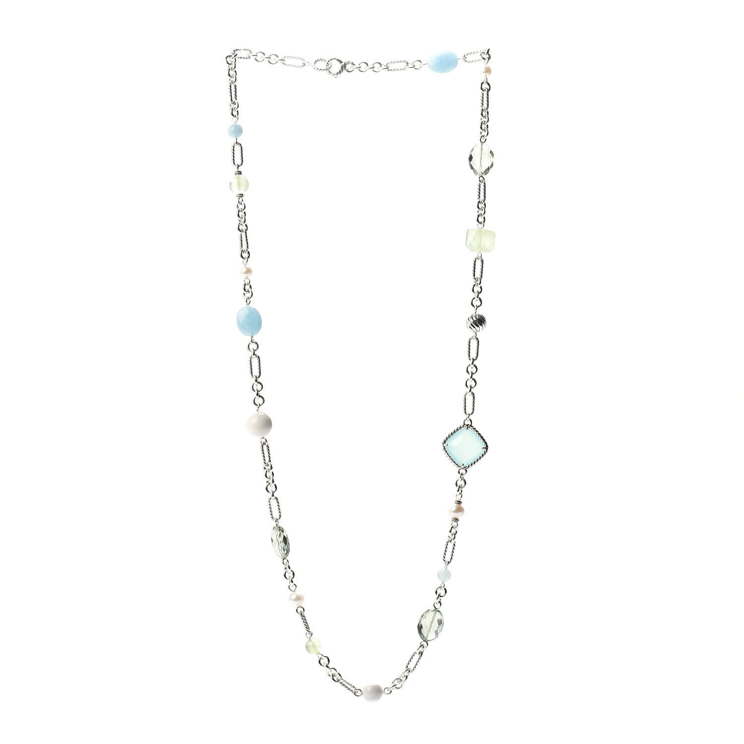 David Yurman Sterling Silver Agate Pearl Green Tourmaline Chalcedony Prasiolite Figaro Necklace 3 of 4