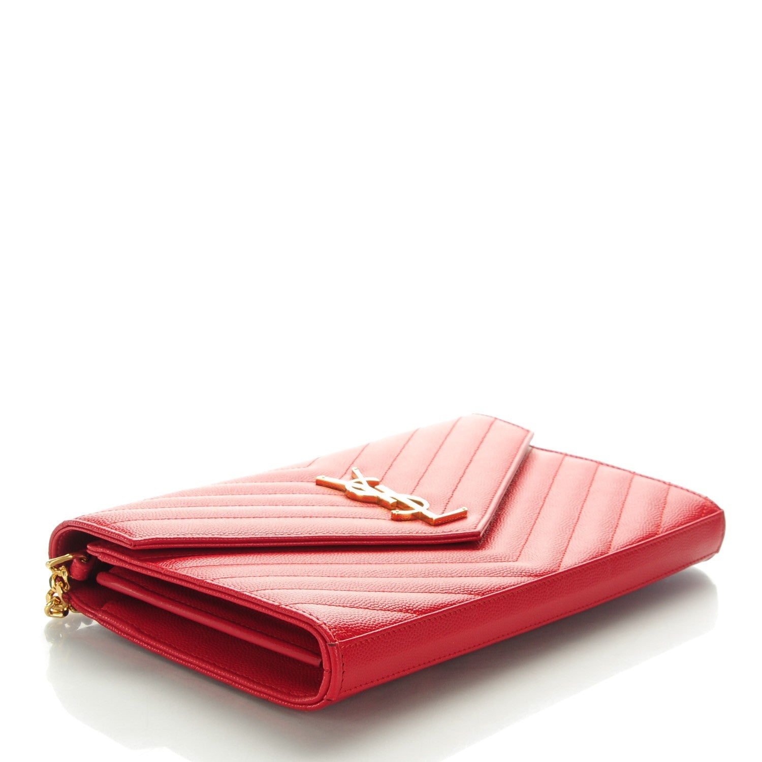 Saint Laurent Grain De Poudre Matelasse Chevron Monogram Chain Wallet Lipstick Red 4 of 7