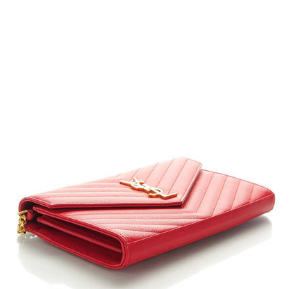 Saint Laurent Grain De Poudre Matelasse Chevron Monogram Chain Wallet Lipstick Red 4 of 7