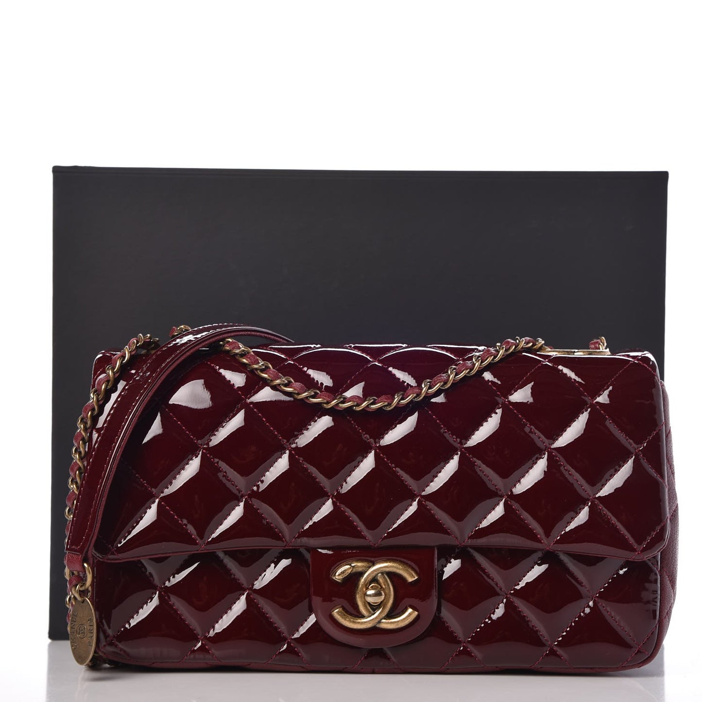 Patent Goatskin Quilted Medium CC Eyelet Flap Burgundy