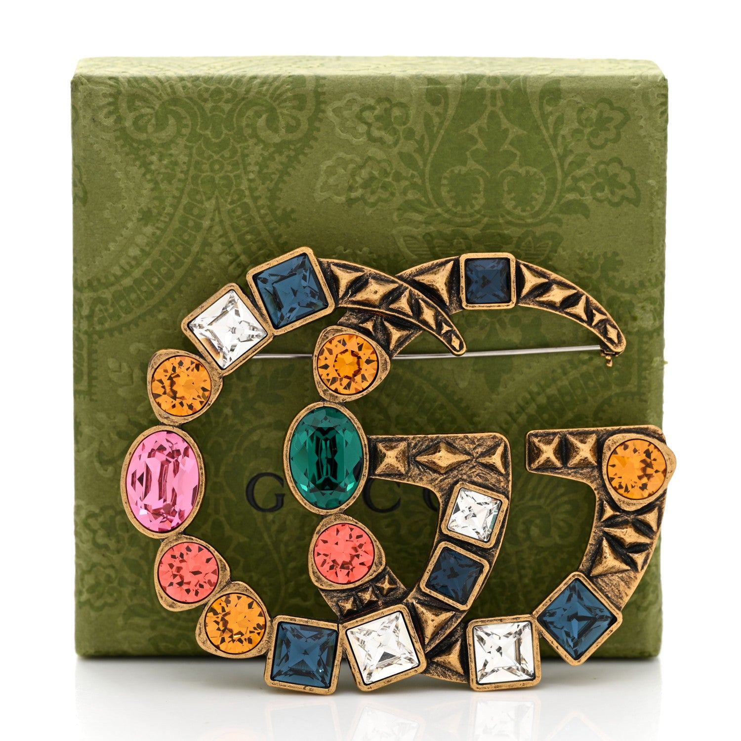 Gucci Metal Crystal Double G Brooch Aged Gold Multicolor 7 of 7
