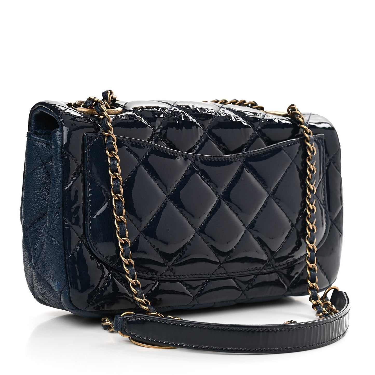 Patent Goatskin Quilted Medium CC Eyelet Flap Blue