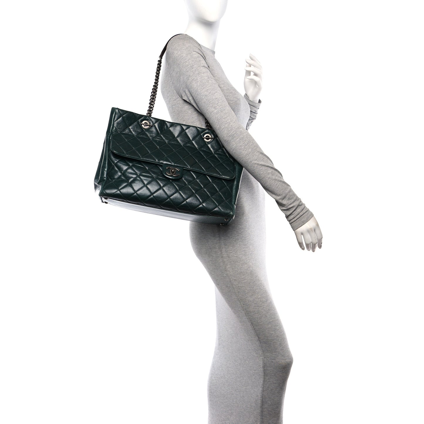 Glazed Calfskin Quilted Duo Color Large Tote Dark Green