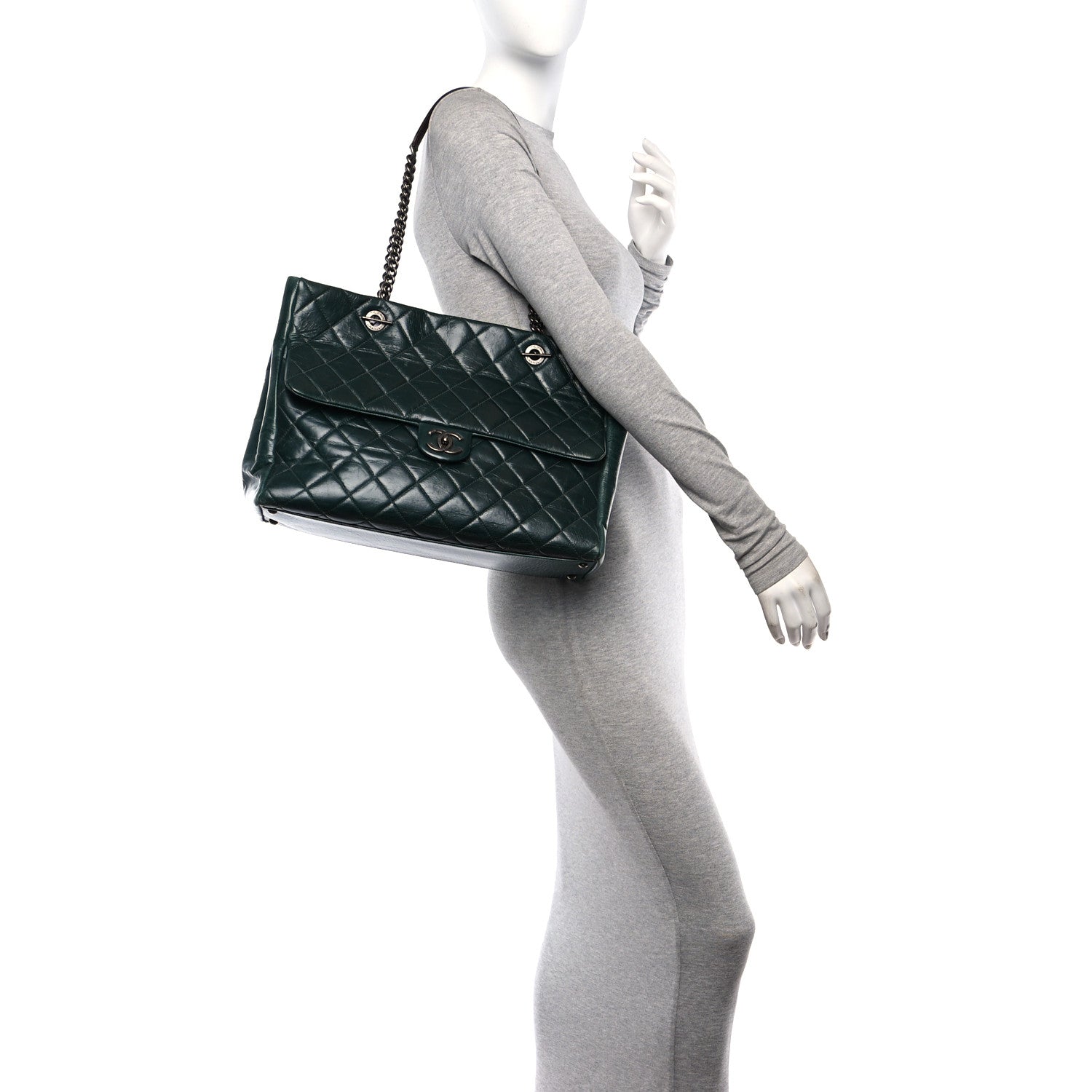 Chanel Glazed Calfskin Quilted Duo Color Large Tote Dark Green 3 of 10