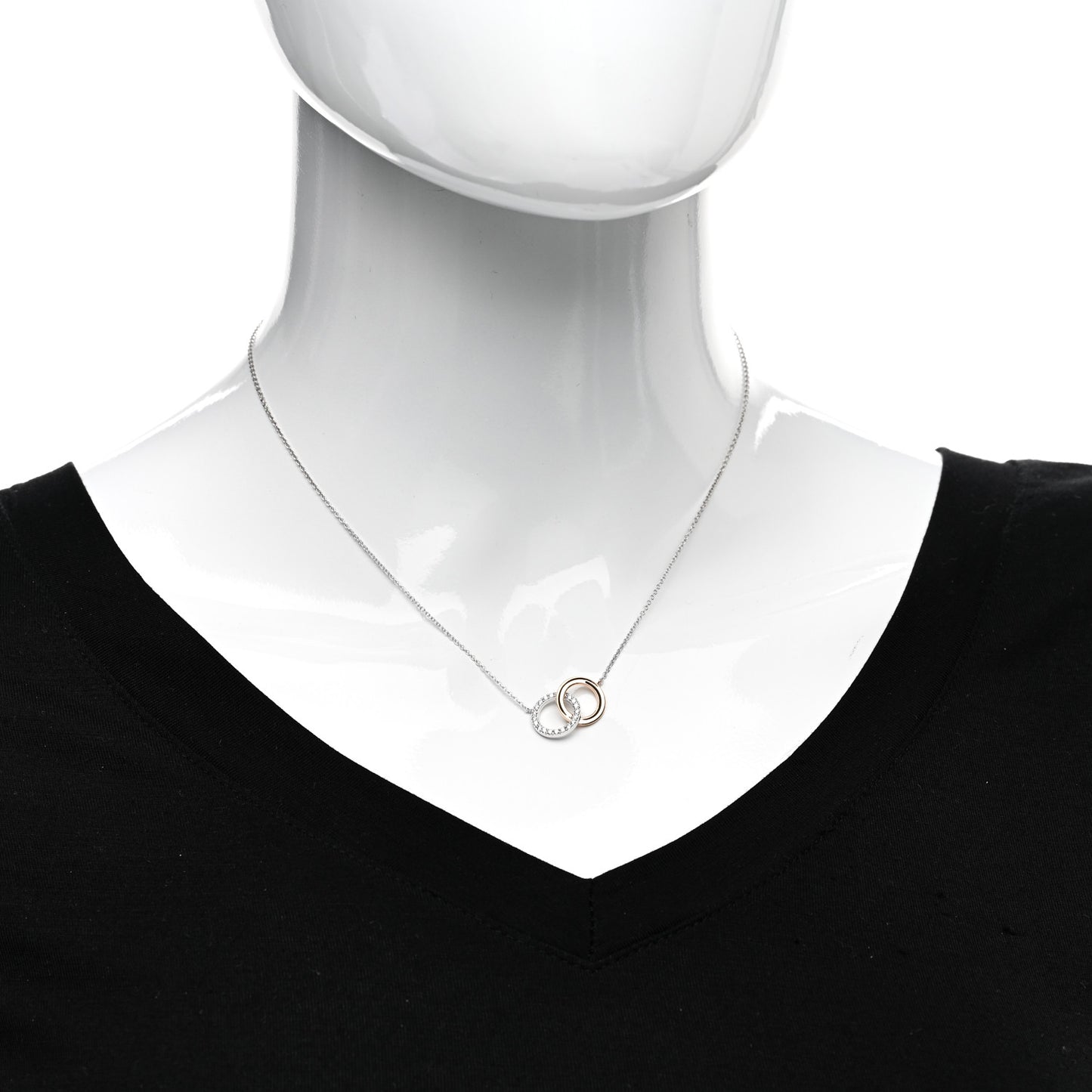 18K White Rose Gold Diamond Double Interlocking Circles Pendant Necklace