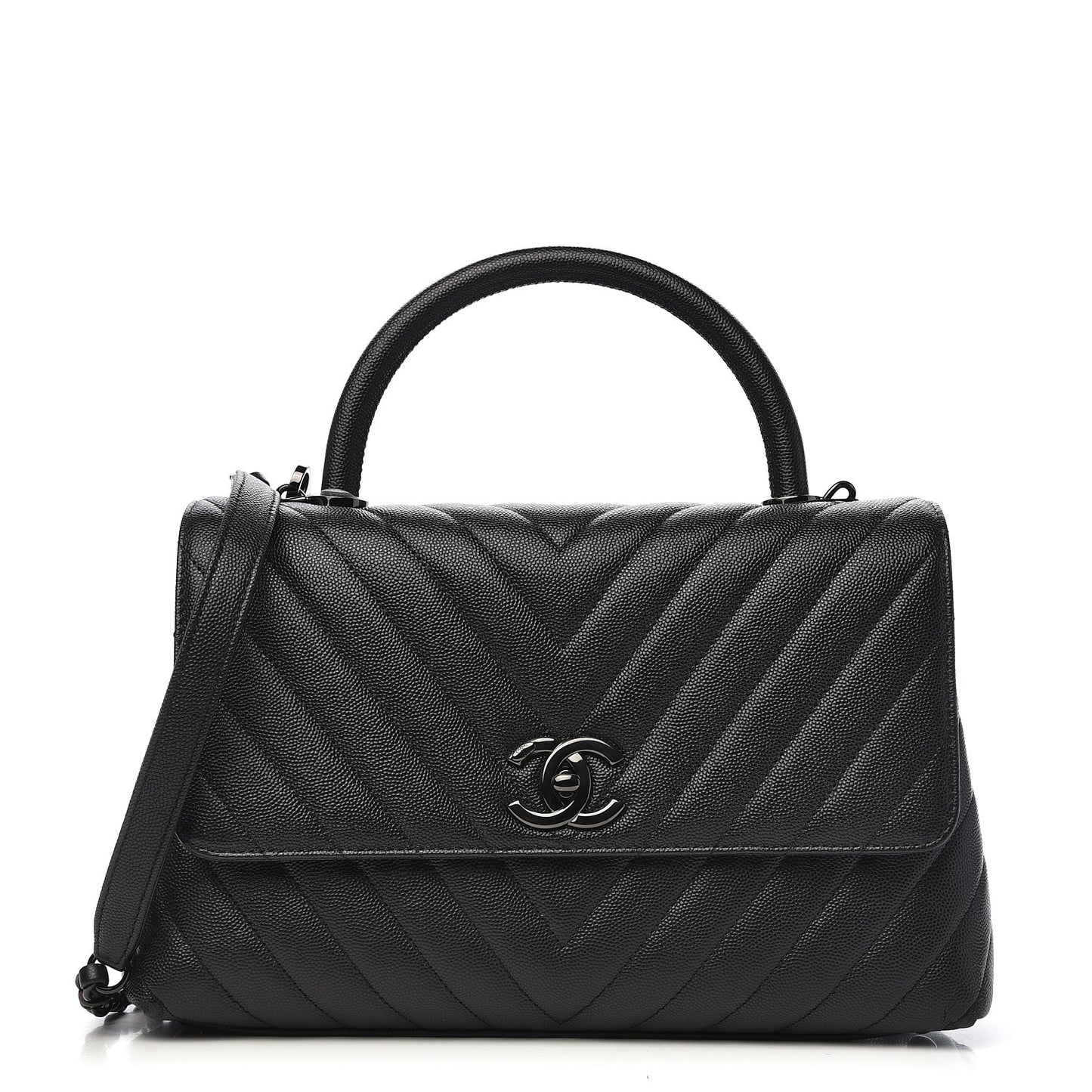 Caviar Chevron Quilted Small Coco Handle Flap So Black