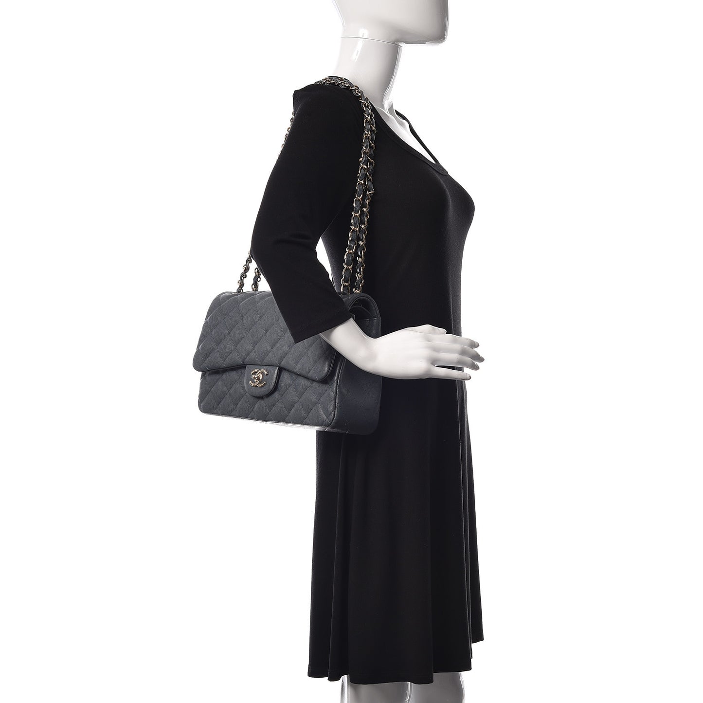 Caviar Quilted Jumbo Double Flap Dark Grey