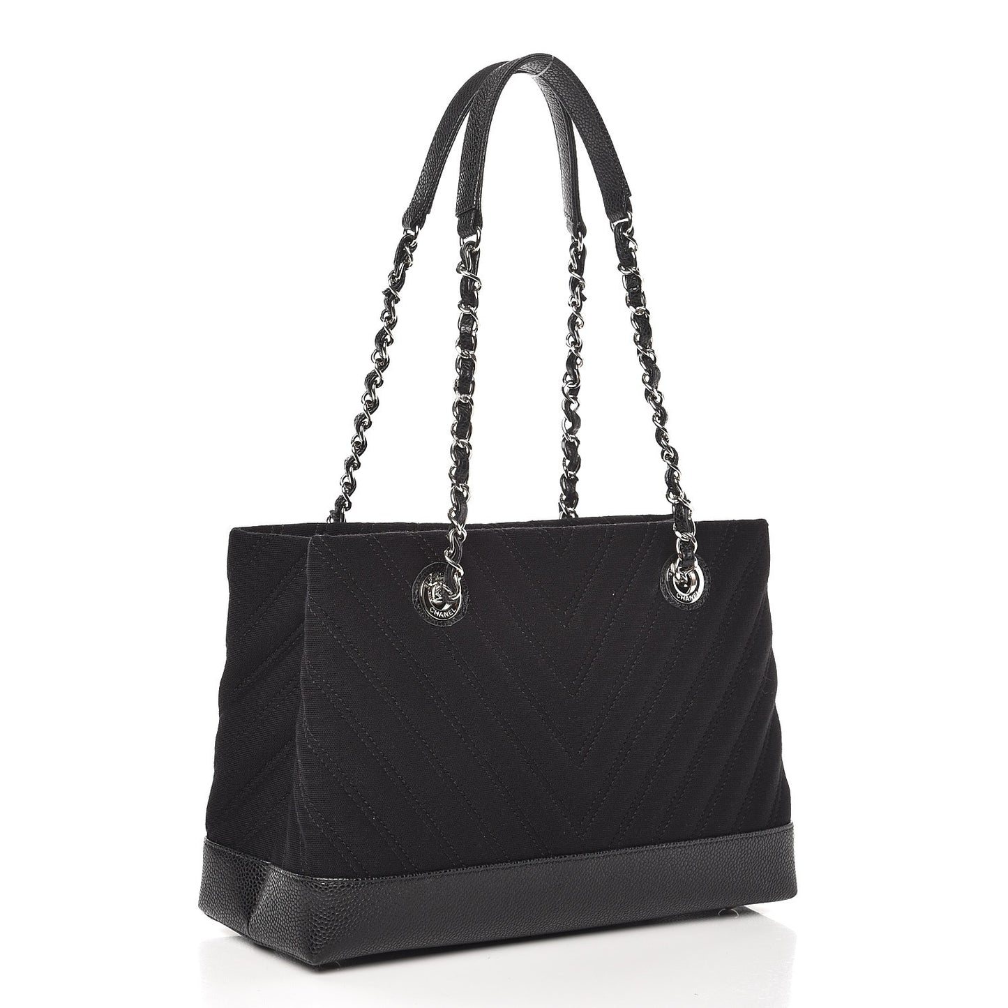 Canvas Caviar Chevron Shopper Tote Black