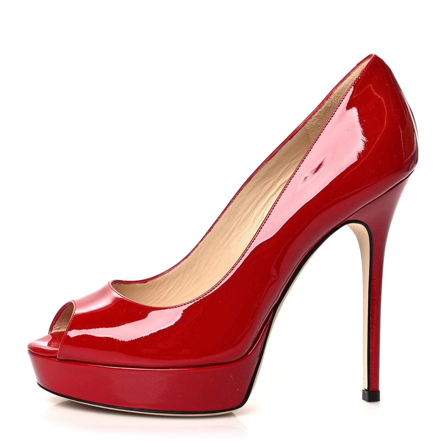 Jimmy Choo Patent Calfskin Crown 120 Peep Toe Platform Pumps 37.5 Red 1 of 8