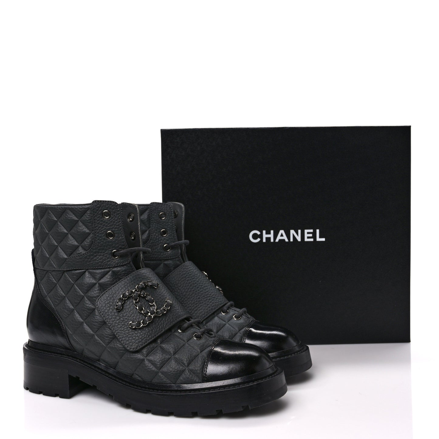 Calfskin Shiny Calfskin Quilted Lace Up Combat Boots 40.5 Dark Grey Black