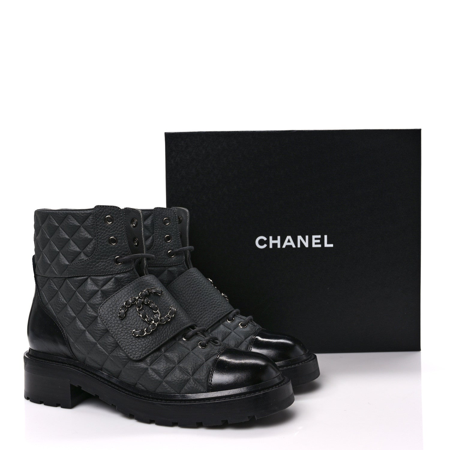 Chanel Calfskin Shiny Calfskin Quilted Lace Up Combat Boots 40.5 Dark Grey Black 10 of 10