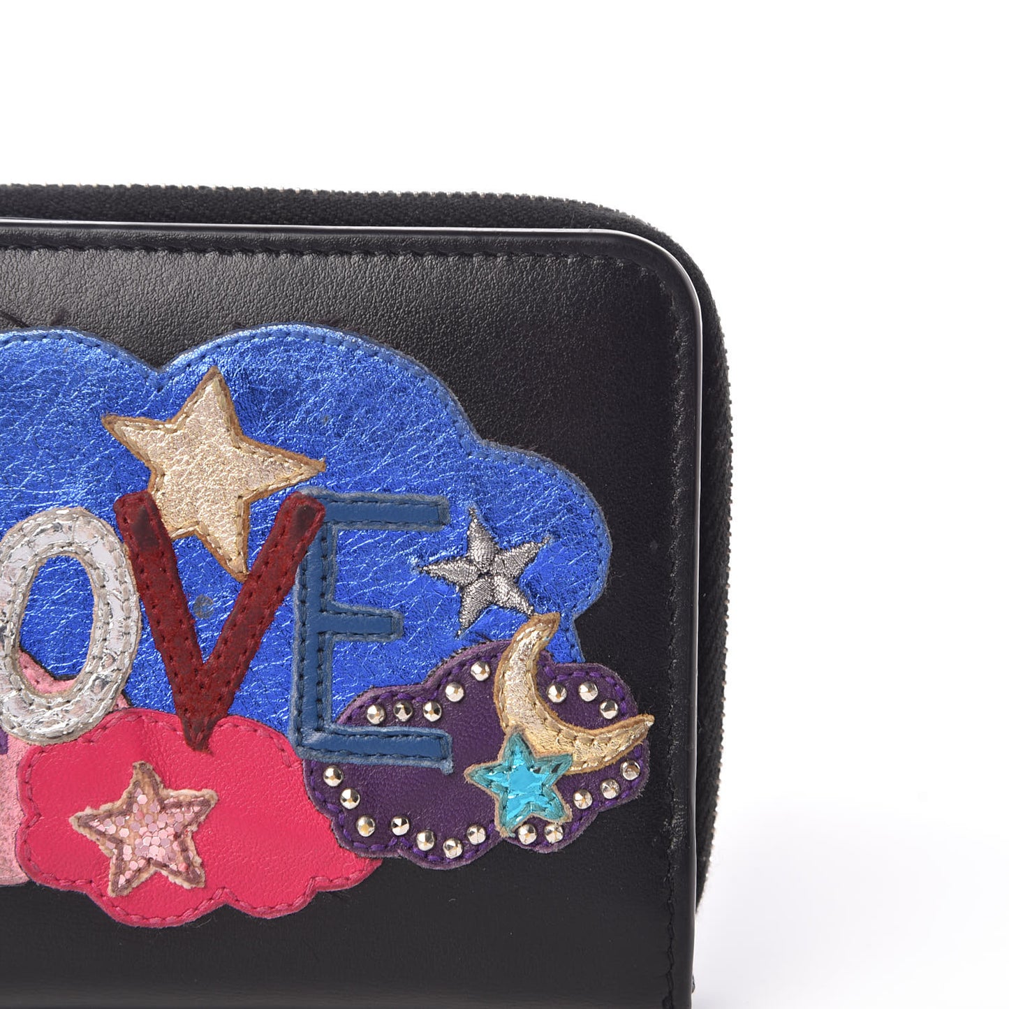 Calfskin Love Patchwork Compact Zip Around Wallet Black