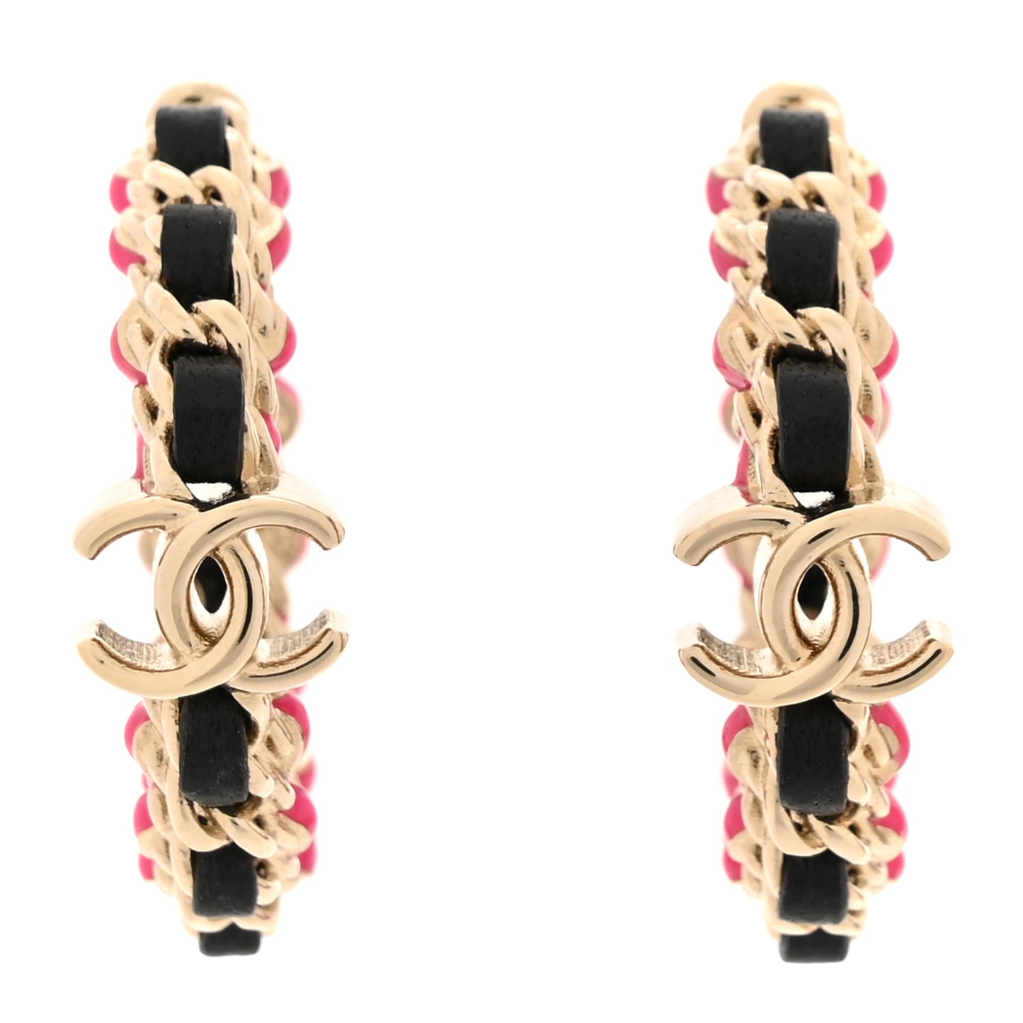 Lambskin Enamel CC Chain Hoop Earrings Gold Black Pink