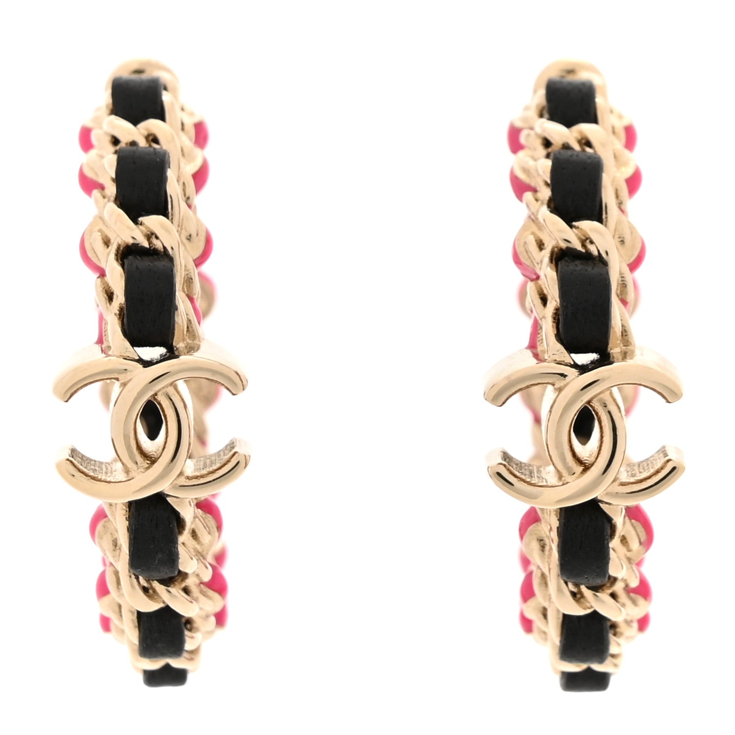 Chanel Lambskin Enamel CC Chain Hoop Earrings Gold Black Pink 1 of 5