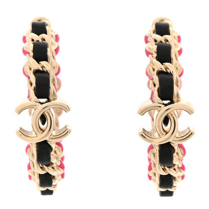 Chanel Lambskin Enamel CC Chain Hoop Earrings Gold Black Pink 1 of 5