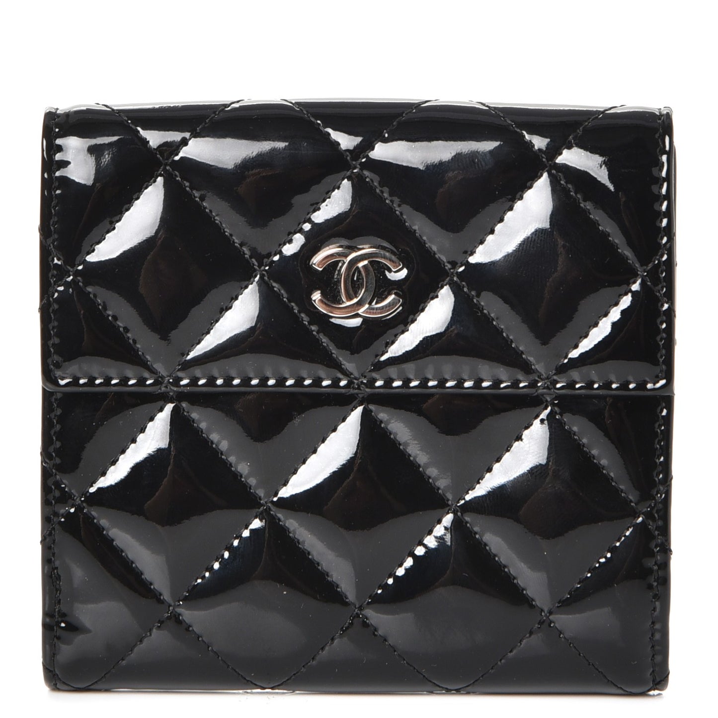 Patent Quilted Compact French Flap Wallet Black