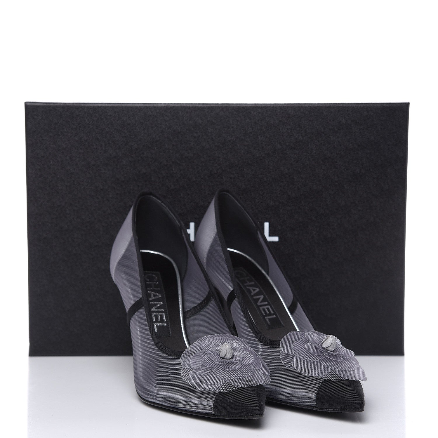 Chanel Mesh Grosgrain Camellia Pumps 35 Grey Black 8 of 8