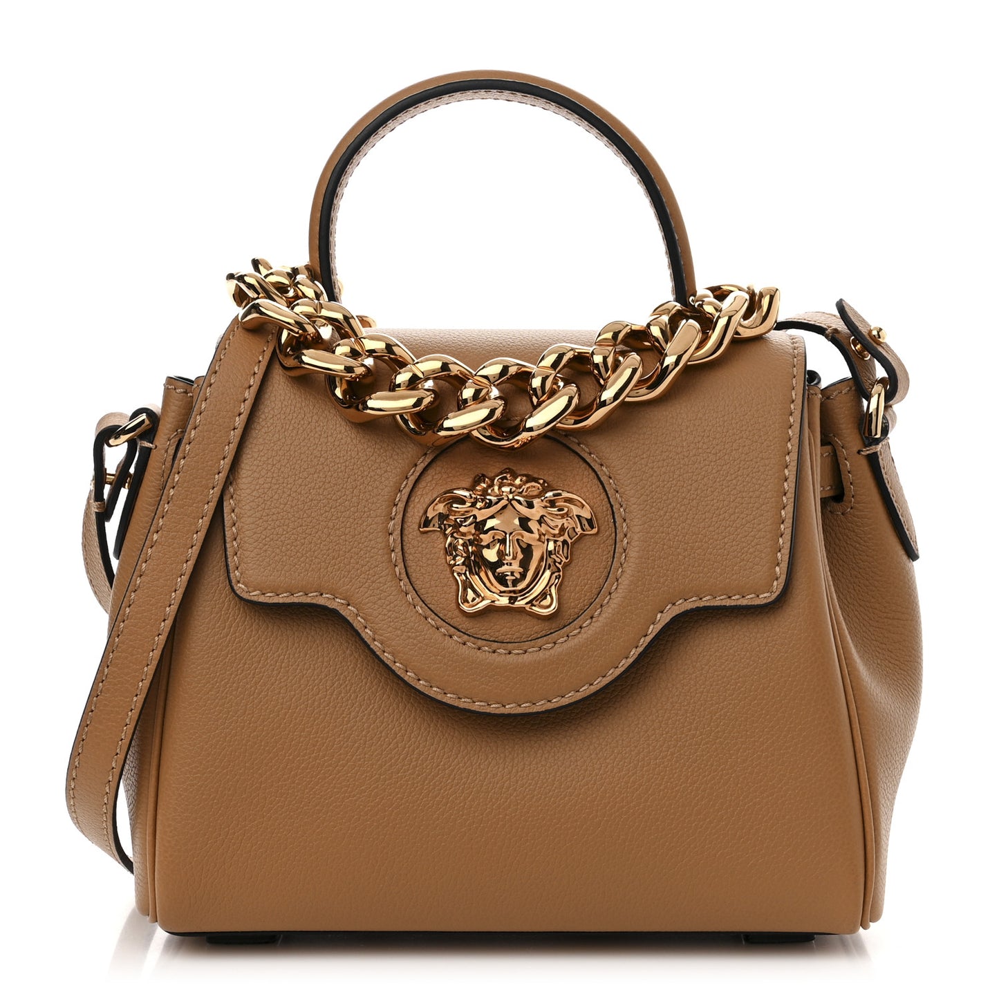 Grained Calfskin Small La Medusa Top Handle Bag Brown