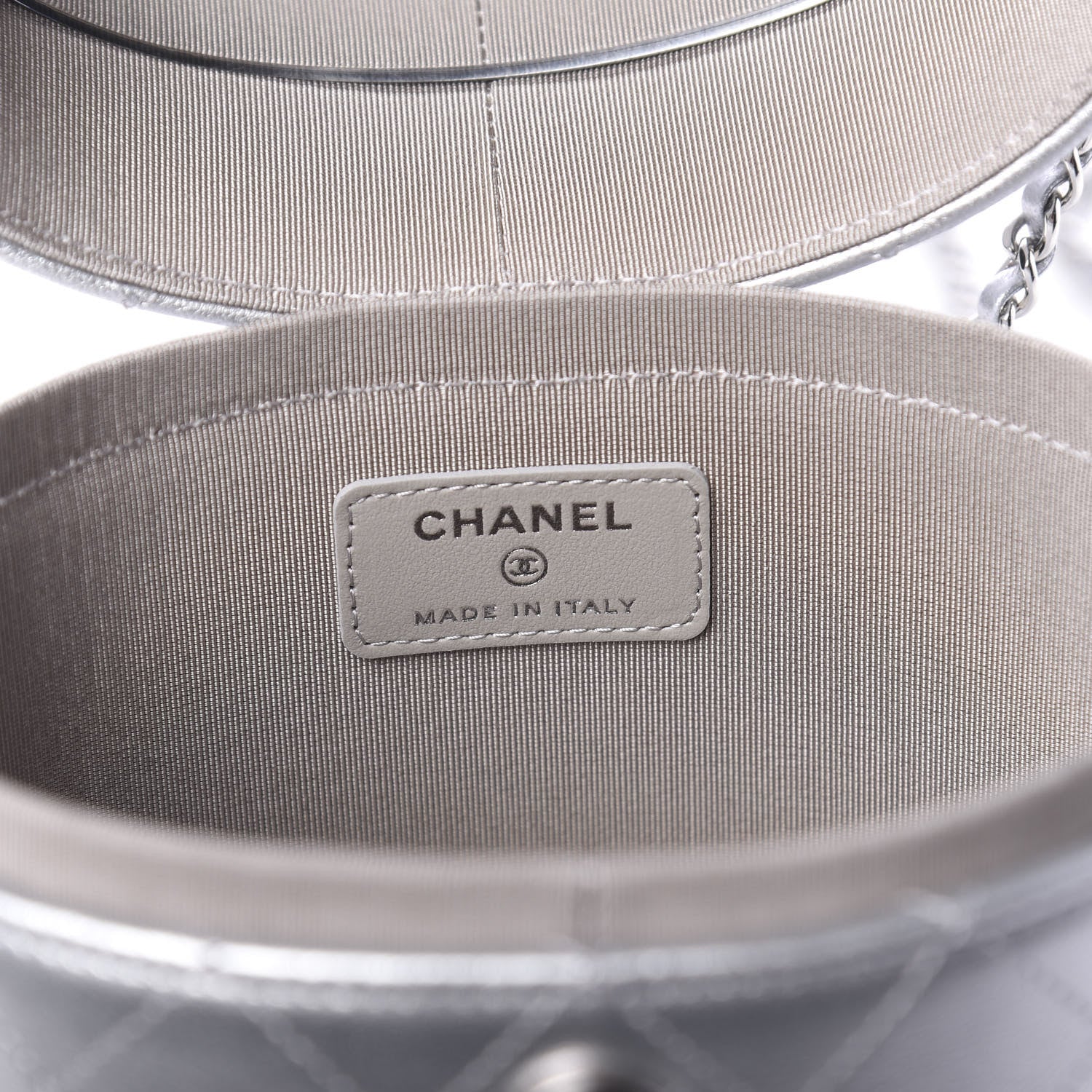 Chanel Metallic Lambskin Quilted Round Vanity Case With Chain Silver 6 of 12