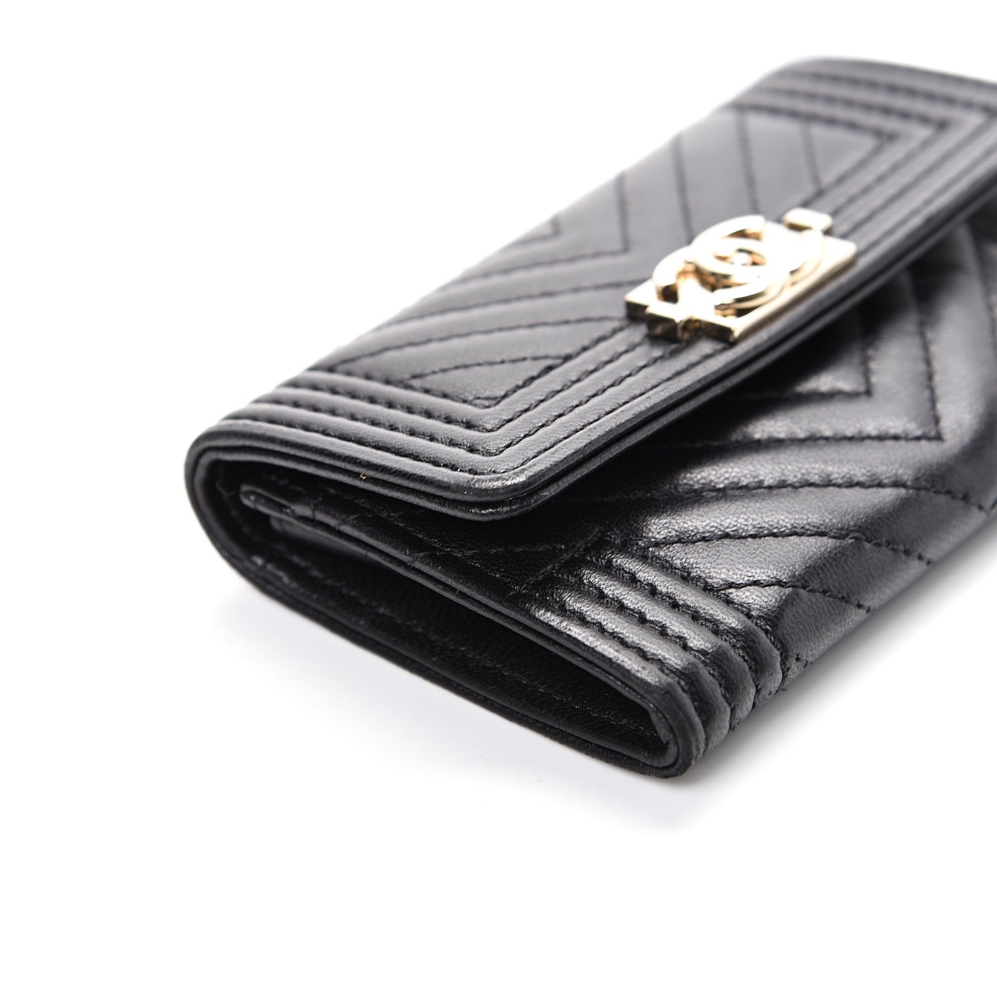 Lambskin Chevron Quilted Boy Card Holder Wallet Black