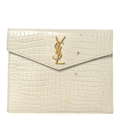 Saint Laurent Calfskin Crocodile Embossed Monogram Uptown Baby Pouch Perle 1 of 11