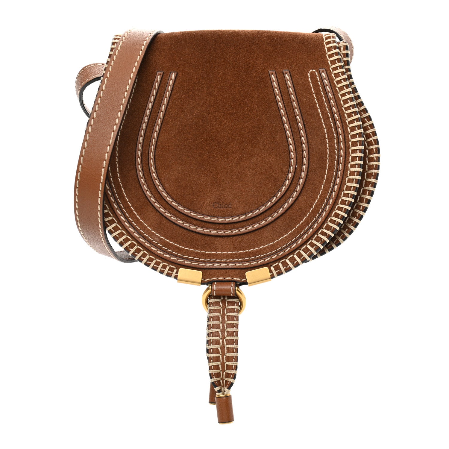 Chloe Suede Calfskin Stitched Small Marcie Round Crossbody Bag Tan 1 of 13