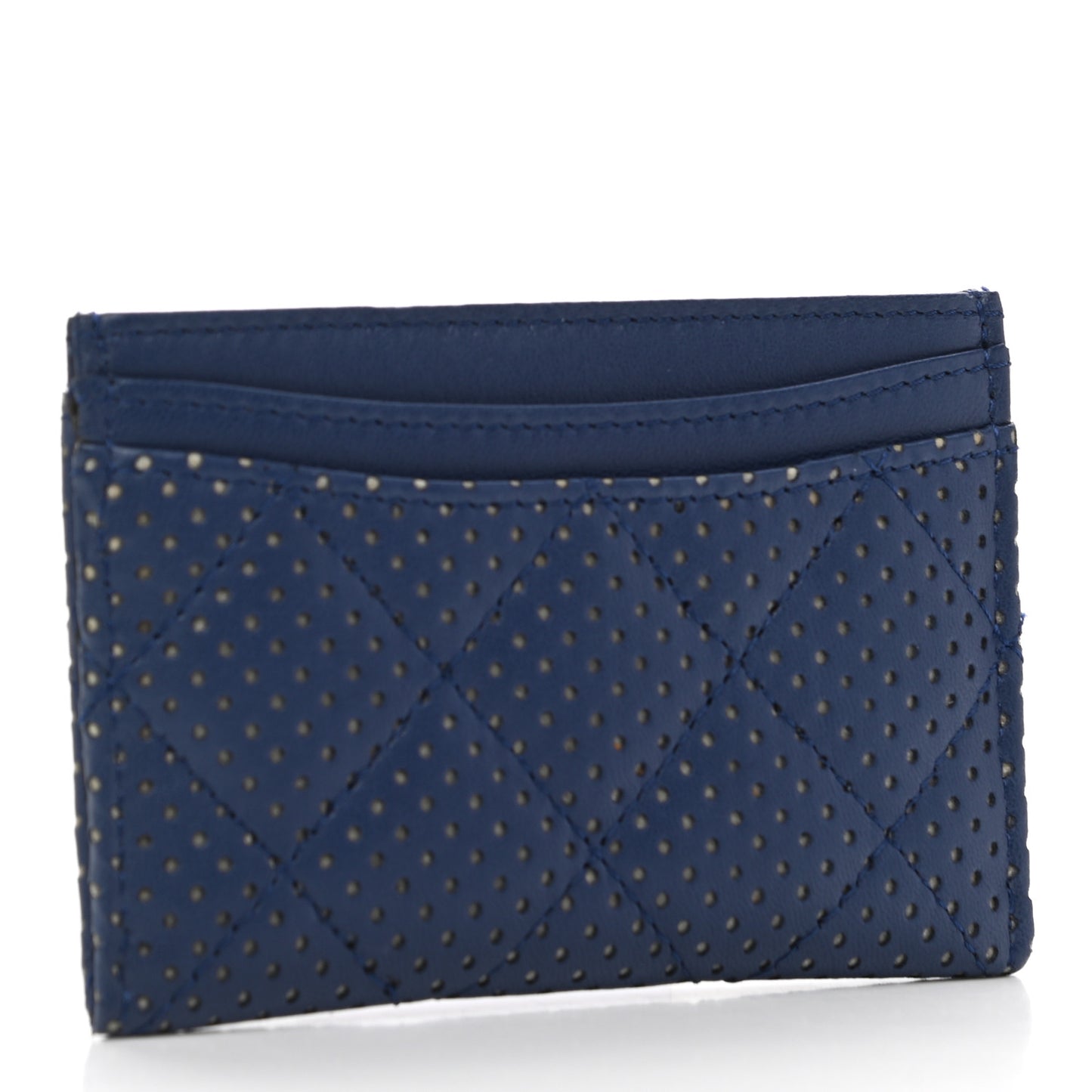Perforated Lambskin Quilted Card Holder Blue