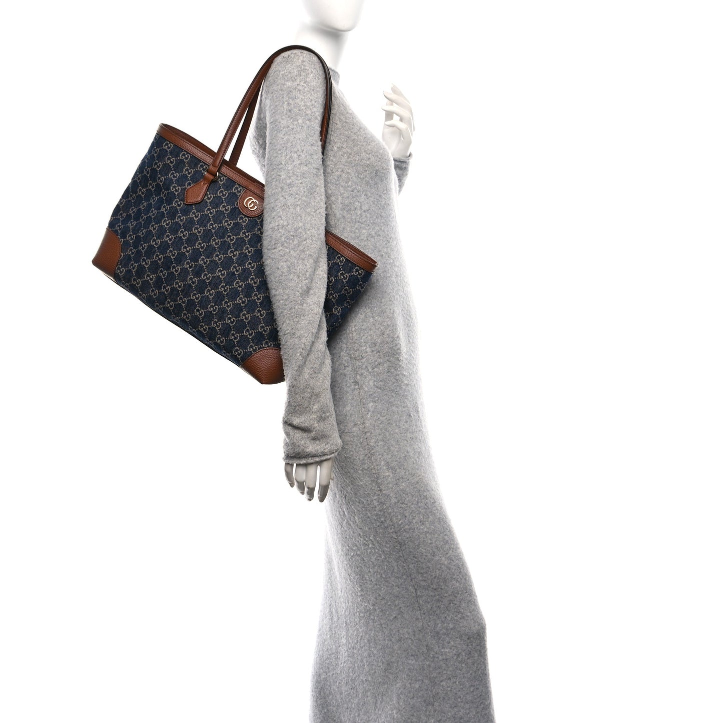 New Denim GG Monogram Medium Ophidia Shopping Tote Blue Tea Cuir