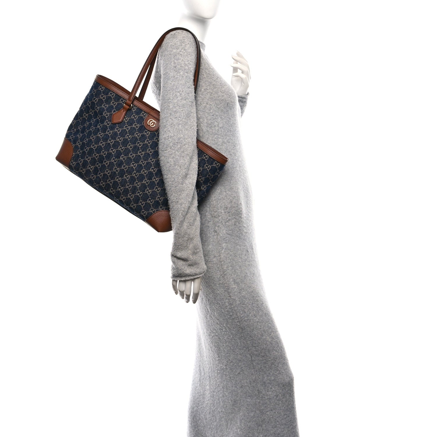 Gucci New Denim GG Monogram Medium Ophidia Shopping Tote Blue Tea Cuir 2 of 10