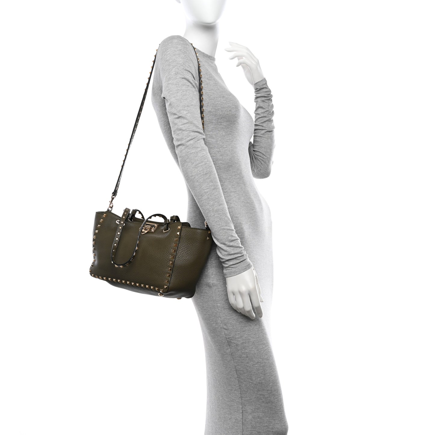 VALENTINO GARAVANI Pebbled Calfskin Small Rockstud Tote Army Green