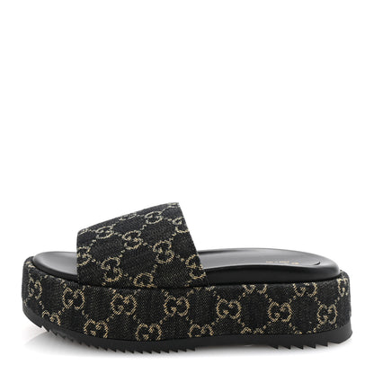 Gucci Jacquard Black Denim GG Monogram Angelina Platform 55mm Slide Sandals 36.5 Black Ivory 1 of 10